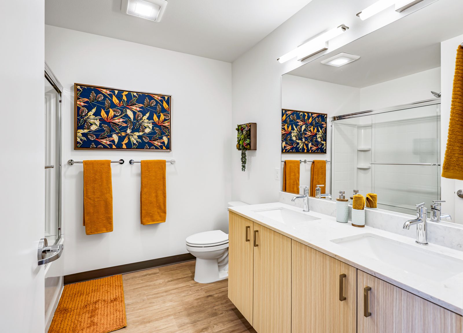 apartment bathroom with double sinks theory u district
