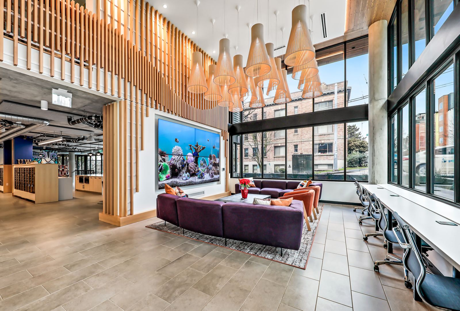 lobby and study desks theory apartments seattle